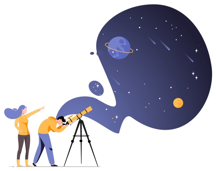 Due persone osservano il cielo stellato con un telescopio