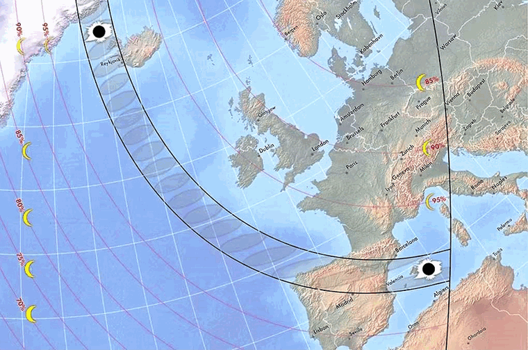 Mappa del percorso dell'eclissi di Sole del 12 agosto 2026 sull'Atlantico settentrionale e l'Europa